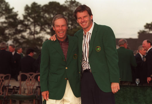 Moments after receiving the green jacket from Ben Crenshaw in 1996
