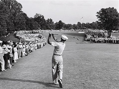Hy Peskin's famous image of Hogan firing his fabulous one-iron to the final hole at Merion in 1950