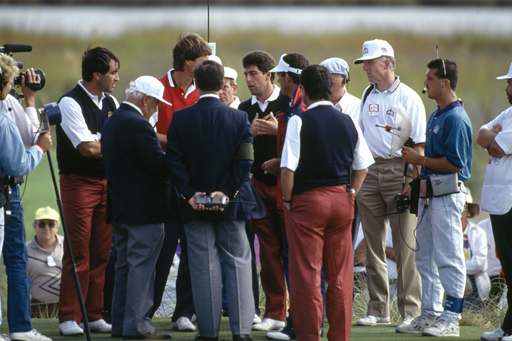 Seve and partner Olazabal give their side of a dispute with Paul Azinger and Chip Beck during the 1991 match at Kiawah Island