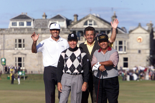 Seve with fellow Open champions Gary Player, Tony Jacklin and Lee Trevino on Swilcan Bridge at St. Andrews