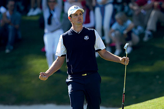 Rose reacts to his putt for birdie during his Ryder Cup singles match with Mickelson
