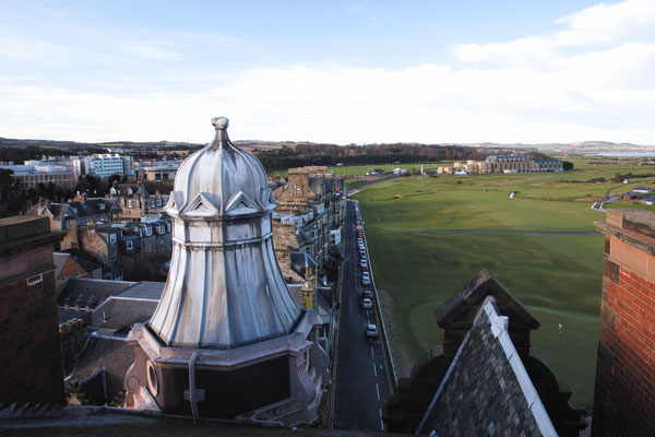 An amazing vista overlooking the first and 18th fairways of the Old Course awaits