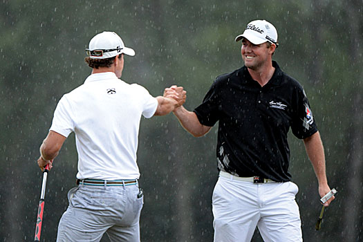 Leishman couldn’t have been happier after Scott holed that fantastic 25-footer on the final hole