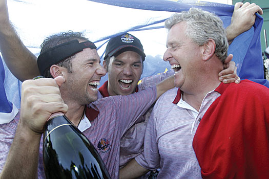 Monty celebrating at the 2006 Ryder Cup with Sergio Garcia and Paul Casey