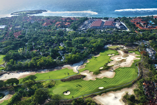 An aerial view of the 10th and 16th holes at the renovated Bali National Golf Club