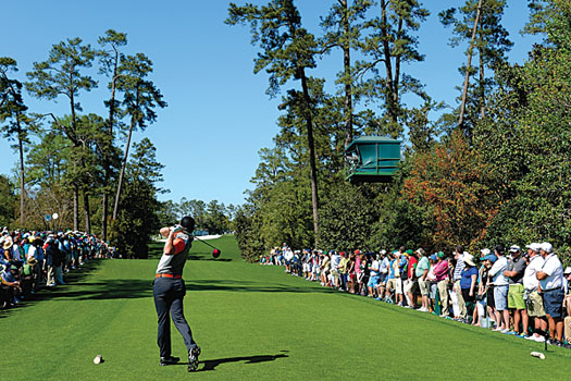 Rory McIlroy tees off at the 18th at Augusta National Golf Club