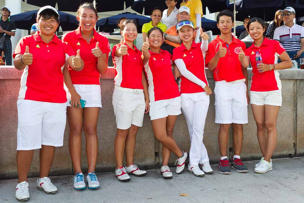 Vivian Lee, Michelle Cheung, Mimi Ho, Isabella Leung, Kitty Tam and Tiffany Chan are joined by Michael Regan Wong at the inaugural Hong Kong Ladies Open