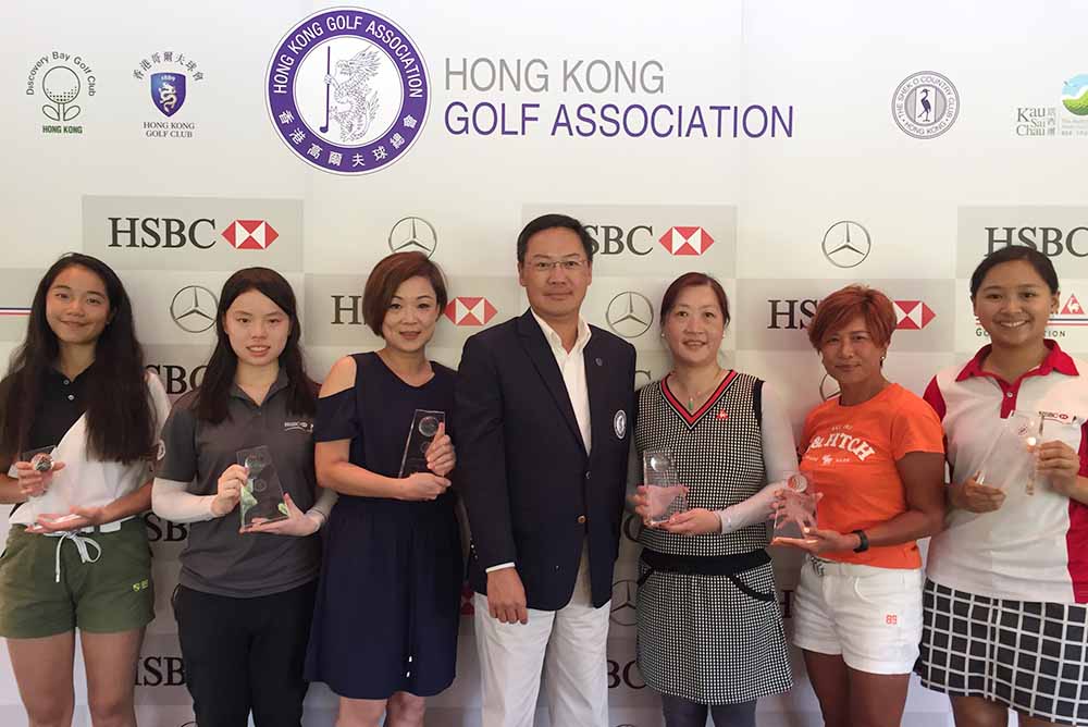 Winners of Ladies’ Stableford: (Left to Right) Jasmine Kwan, Estee Leung, Rita Cha, Danny Lai, CEO of the HKGA, Law Fong Ying, Lun Hau Yee, Andrea Au