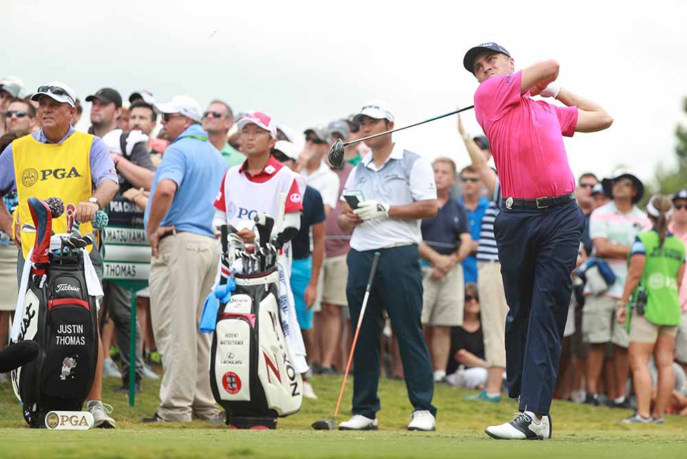 Justin Thomas hits his tee shot on the 3rd hole