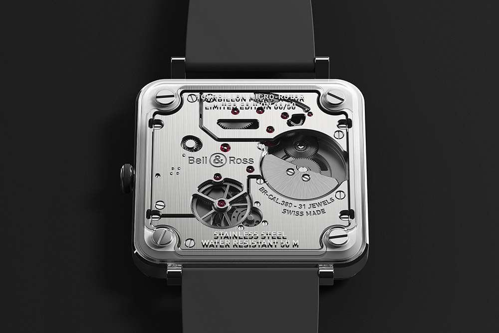 The square BR-CAL.380 manufacture caliber is designed and developed entirely by Bell & Ross