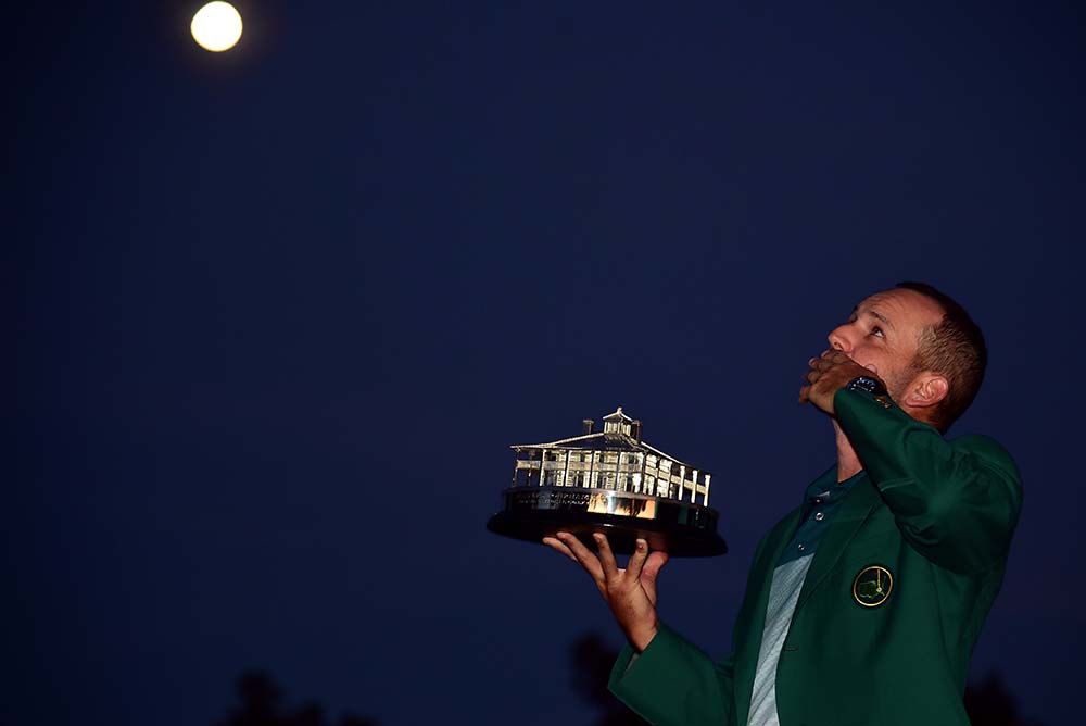Sergio Garcia holds his 2017 Masters trophy