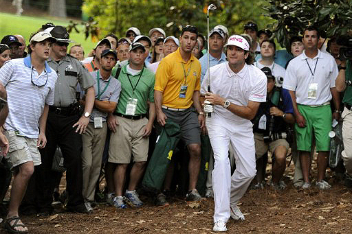 Bubba Watson looks on after hitting an incredible hook onto the 10th green in a sudden-death playoff