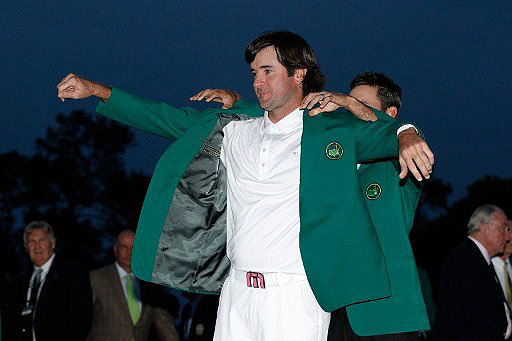 Bubba Watson puts on the Green Jacket after claimng the 2012 Masters