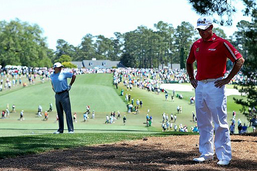 Lee Westwood looks at his situation on the first hole, Sunday at the Masters