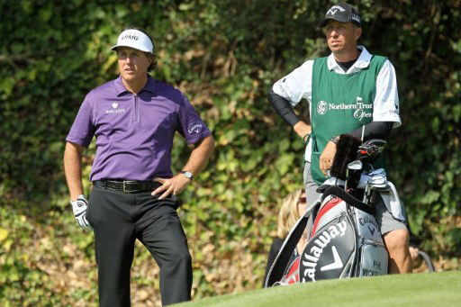 Phil Mickelson (left) and caddy Jim MacKay (right)