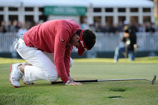 Keegan Bradley reacts to a missed putt during a three-way playoff for the Northern Trust Open