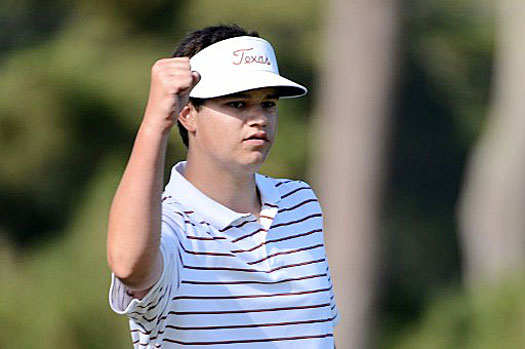 Beau Hossler celebrates a biride putt on the 17th green