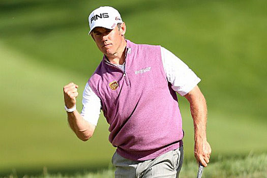 Lee Westwood celebrates his biride putt on the 18th hole