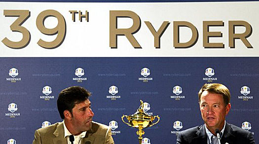 Jose Maria Olazabal and Davis Love speak during a press conference