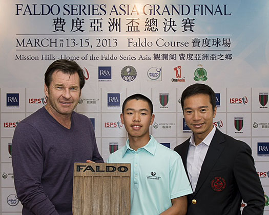 (From left): Sir Nick Faldo, Guan Tianlang, and Tenniel Chu, Vice Chairman of Mission Hills Group