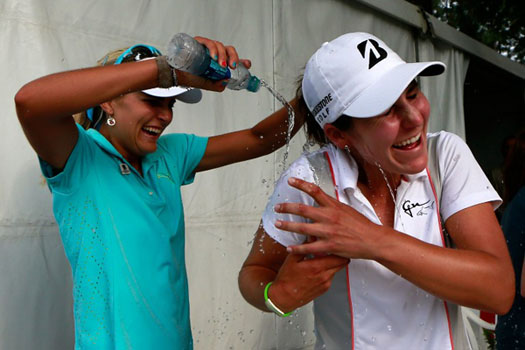 Lexi Thompson (left) celebrates with Jennifer Johnson