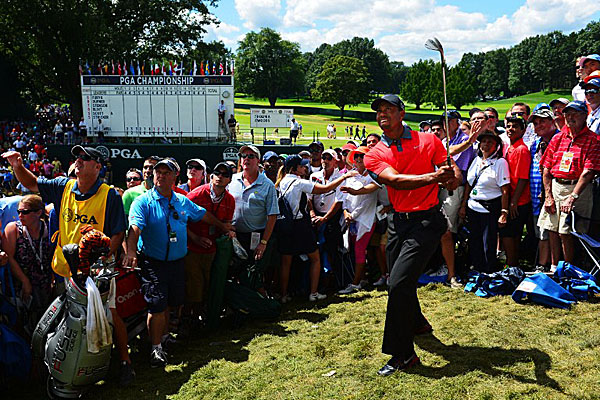 Woods spent much of Sunday's final round testing the thick rough at Oak Hill