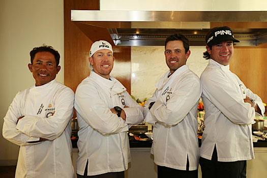 Jaidee, Mahan, Schwartzel and Watson take part in a Thai cooking lesson