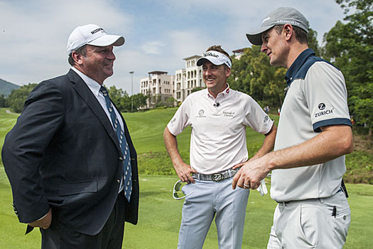 Iain Roberts is pictured with Ian Poulter and Justin Rose at Mission Hills Golf Club in China