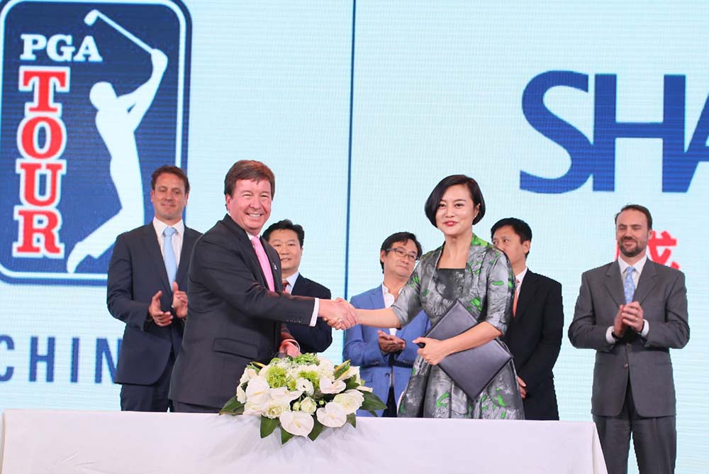 Foreground left to right: Greg Gilligan, Vice President and Greater China Managing Director, PGA TOUR; Hong Li, Co-founder and Chairwoman, Shankai Sports